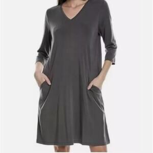 Eileen Fisher Black V Neck A-Line Dress Women's XS 3/4 Sleeve Pockets Minimalist